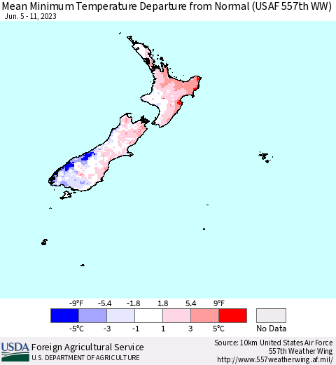 New Zealand Mean Minimum Temperature Departure from Normal (USAF 557th WW) Thematic Map For 6/5/2023 - 6/11/2023