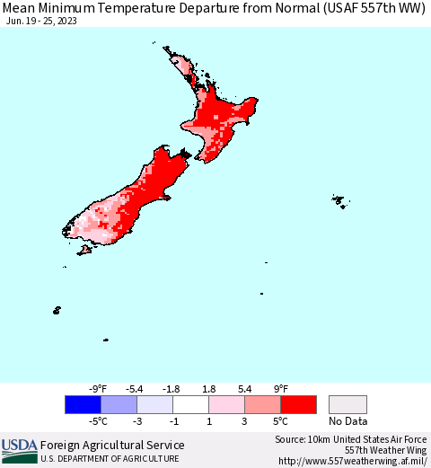 New Zealand Mean Minimum Temperature Departure from Normal (USAF 557th WW) Thematic Map For 6/19/2023 - 6/25/2023