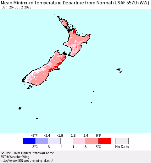 New Zealand Mean Minimum Temperature Departure from Normal (USAF 557th WW) Thematic Map For 6/26/2023 - 7/2/2023