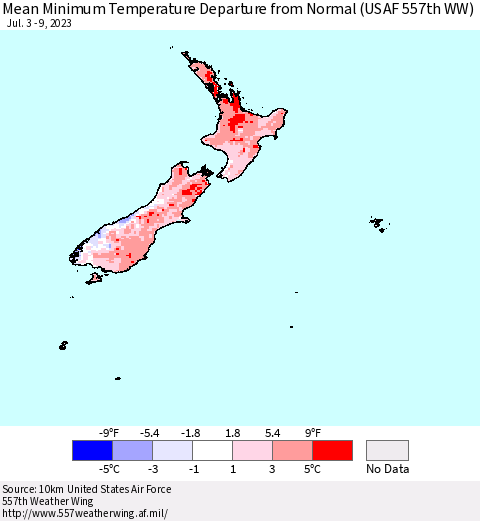 New Zealand Mean Minimum Temperature Departure from Normal (USAF 557th WW) Thematic Map For 7/3/2023 - 7/9/2023