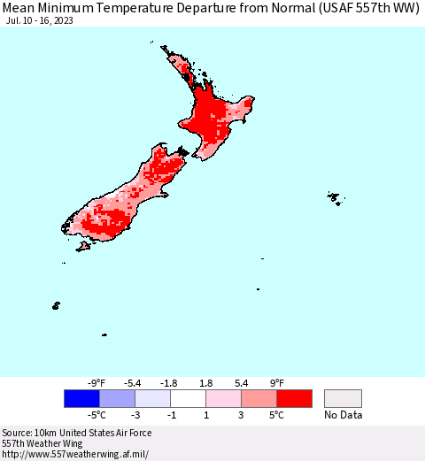 New Zealand Mean Minimum Temperature Departure from Normal (USAF 557th WW) Thematic Map For 7/10/2023 - 7/16/2023