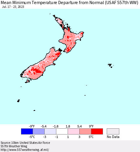 New Zealand Mean Minimum Temperature Departure from Normal (USAF 557th WW) Thematic Map For 7/17/2023 - 7/23/2023