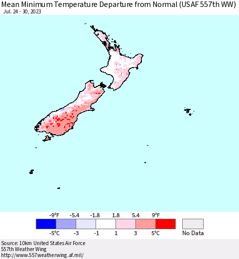 New Zealand Mean Minimum Temperature Departure from Normal (USAF 557th WW) Thematic Map For 7/24/2023 - 7/30/2023