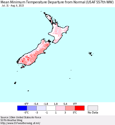 New Zealand Mean Minimum Temperature Departure from Normal (USAF 557th WW) Thematic Map For 7/31/2023 - 8/6/2023