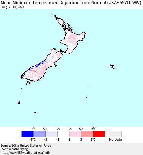 New Zealand Mean Minimum Temperature Departure from Normal (USAF 557th WW) Thematic Map For 8/7/2023 - 8/13/2023