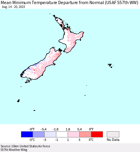 New Zealand Mean Minimum Temperature Departure from Normal (USAF 557th WW) Thematic Map For 8/14/2023 - 8/20/2023