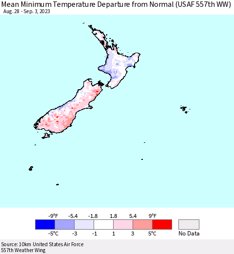 New Zealand Mean Minimum Temperature Departure from Normal (USAF 557th WW) Thematic Map For 8/28/2023 - 9/3/2023