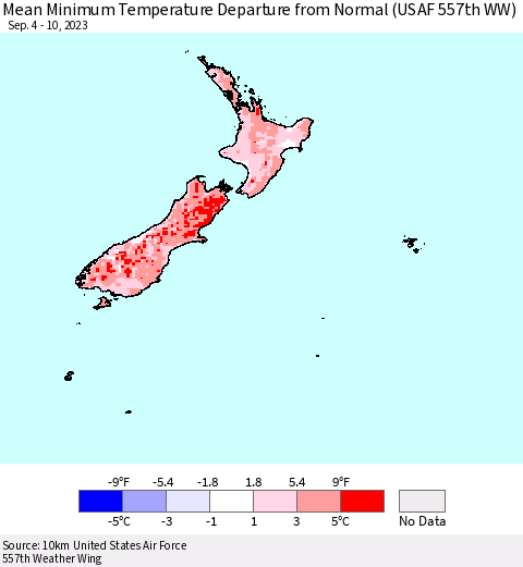 New Zealand Mean Minimum Temperature Departure from Normal (USAF 557th WW) Thematic Map For 9/4/2023 - 9/10/2023