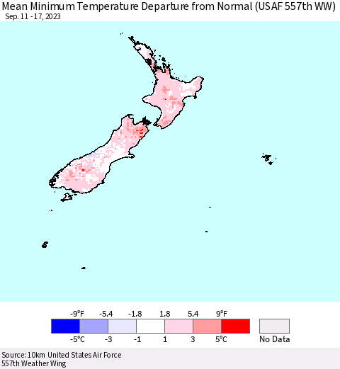 New Zealand Mean Minimum Temperature Departure from Normal (USAF 557th WW) Thematic Map For 9/11/2023 - 9/17/2023