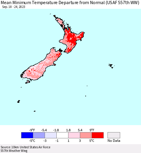 New Zealand Mean Minimum Temperature Departure from Normal (USAF 557th WW) Thematic Map For 9/18/2023 - 9/24/2023