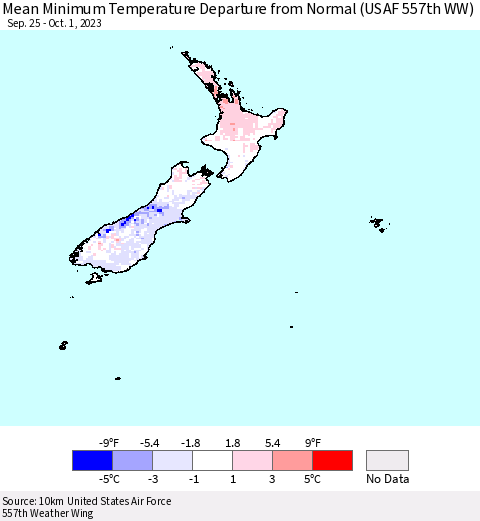 New Zealand Mean Minimum Temperature Departure from Normal (USAF 557th WW) Thematic Map For 9/25/2023 - 10/1/2023