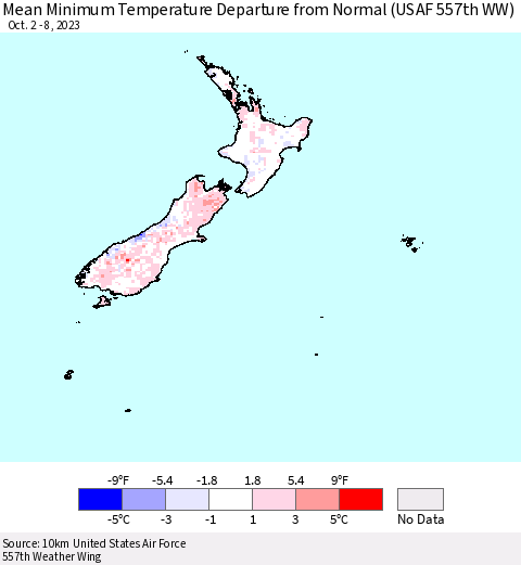 New Zealand Mean Minimum Temperature Departure from Normal (USAF 557th WW) Thematic Map For 10/2/2023 - 10/8/2023
