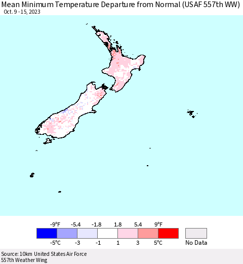 New Zealand Mean Minimum Temperature Departure from Normal (USAF 557th WW) Thematic Map For 10/9/2023 - 10/15/2023