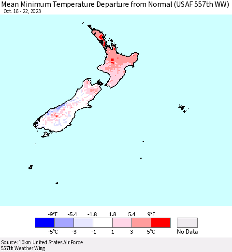 New Zealand Mean Minimum Temperature Departure from Normal (USAF 557th WW) Thematic Map For 10/16/2023 - 10/22/2023