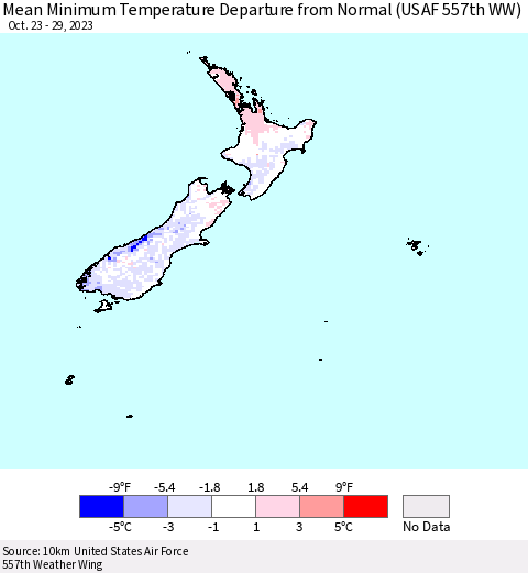 New Zealand Mean Minimum Temperature Departure from Normal (USAF 557th WW) Thematic Map For 10/23/2023 - 10/29/2023