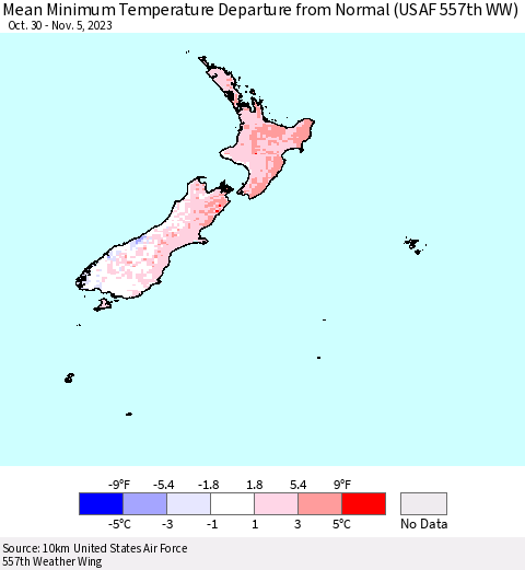 New Zealand Mean Minimum Temperature Departure from Normal (USAF 557th WW) Thematic Map For 10/30/2023 - 11/5/2023