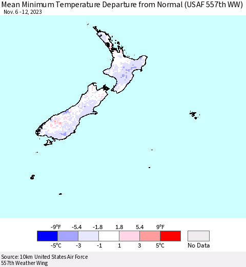 New Zealand Mean Minimum Temperature Departure from Normal (USAF 557th WW) Thematic Map For 11/6/2023 - 11/12/2023