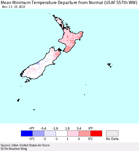 New Zealand Mean Minimum Temperature Departure from Normal (USAF 557th WW) Thematic Map For 11/13/2023 - 11/19/2023