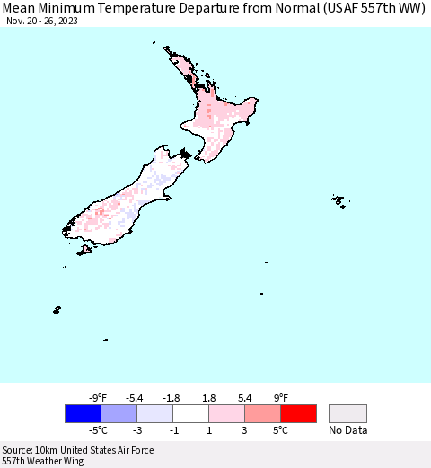 New Zealand Mean Minimum Temperature Departure from Normal (USAF 557th WW) Thematic Map For 11/20/2023 - 11/26/2023