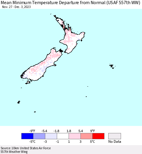 New Zealand Mean Minimum Temperature Departure from Normal (USAF 557th WW) Thematic Map For 11/27/2023 - 12/3/2023