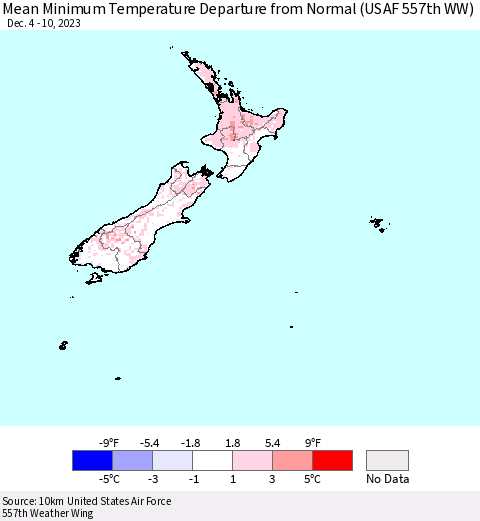 New Zealand Mean Minimum Temperature Departure from Normal (USAF 557th WW) Thematic Map For 12/4/2023 - 12/10/2023