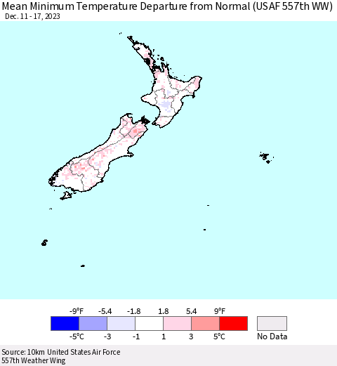 New Zealand Mean Minimum Temperature Departure from Normal (USAF 557th WW) Thematic Map For 12/11/2023 - 12/17/2023
