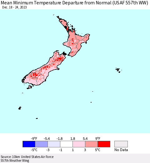 New Zealand Mean Minimum Temperature Departure from Normal (USAF 557th WW) Thematic Map For 12/18/2023 - 12/24/2023