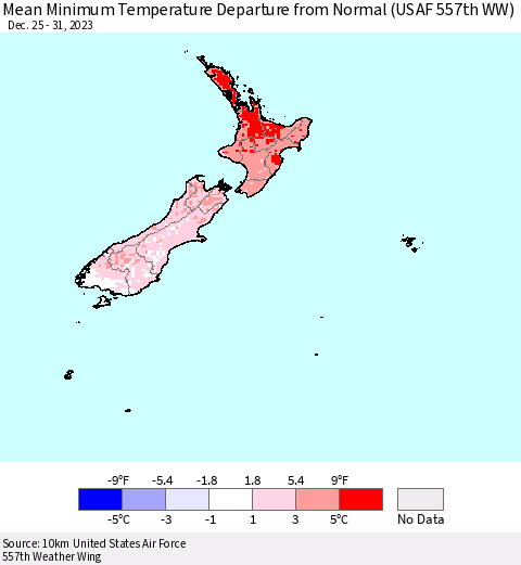 New Zealand Mean Minimum Temperature Departure from Normal (USAF 557th WW) Thematic Map For 12/25/2023 - 12/31/2023