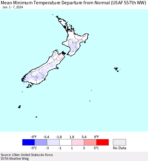 New Zealand Mean Minimum Temperature Departure from Normal (USAF 557th WW) Thematic Map For 1/1/2024 - 1/7/2024