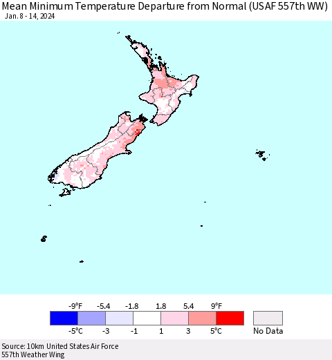 New Zealand Mean Minimum Temperature Departure from Normal (USAF 557th WW) Thematic Map For 1/8/2024 - 1/14/2024