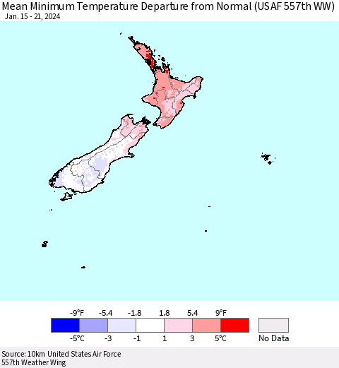 New Zealand Mean Minimum Temperature Departure from Normal (USAF 557th WW) Thematic Map For 1/15/2024 - 1/21/2024