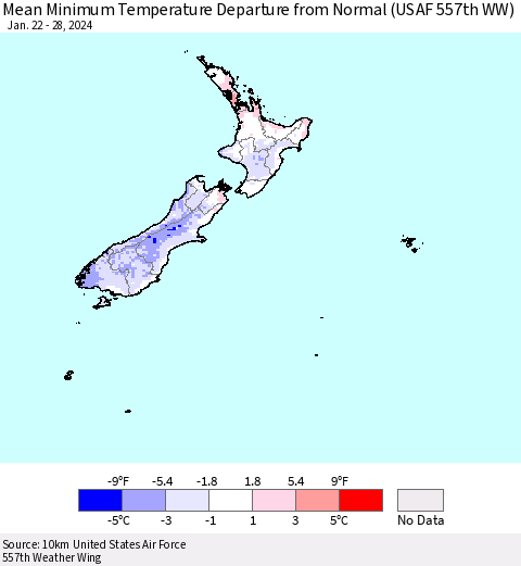 New Zealand Mean Minimum Temperature Departure from Normal (USAF 557th WW) Thematic Map For 1/22/2024 - 1/28/2024