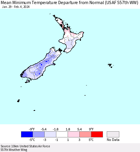 New Zealand Mean Minimum Temperature Departure from Normal (USAF 557th WW) Thematic Map For 1/29/2024 - 2/4/2024