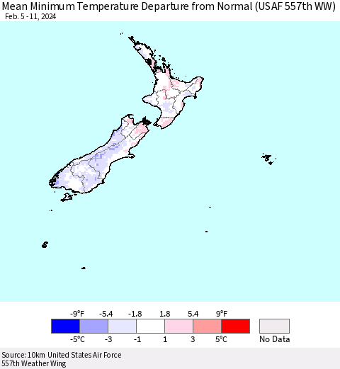 New Zealand Mean Minimum Temperature Departure from Normal (USAF 557th WW) Thematic Map For 2/5/2024 - 2/11/2024