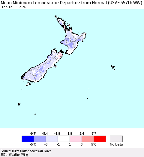New Zealand Mean Minimum Temperature Departure from Normal (USAF 557th WW) Thematic Map For 2/12/2024 - 2/18/2024