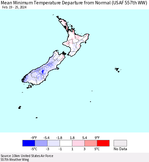 New Zealand Mean Minimum Temperature Departure from Normal (USAF 557th WW) Thematic Map For 2/19/2024 - 2/25/2024
