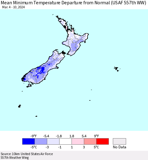 New Zealand Mean Minimum Temperature Departure from Normal (USAF 557th WW) Thematic Map For 3/4/2024 - 3/10/2024