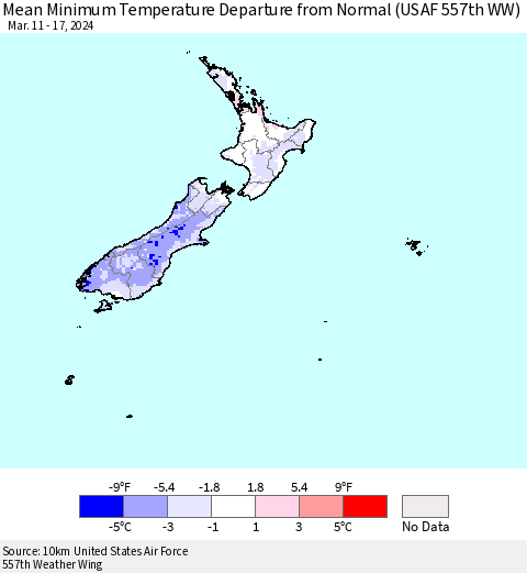 New Zealand Mean Minimum Temperature Departure from Normal (USAF 557th WW) Thematic Map For 3/11/2024 - 3/17/2024