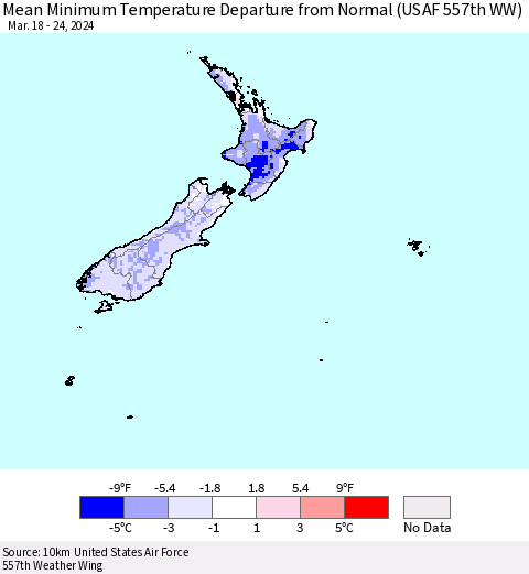 New Zealand Mean Minimum Temperature Departure from Normal (USAF 557th WW) Thematic Map For 3/18/2024 - 3/24/2024