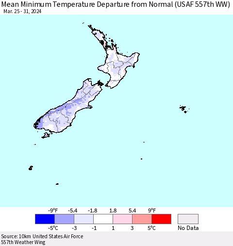 New Zealand Mean Minimum Temperature Departure from Normal (USAF 557th WW) Thematic Map For 3/25/2024 - 3/31/2024