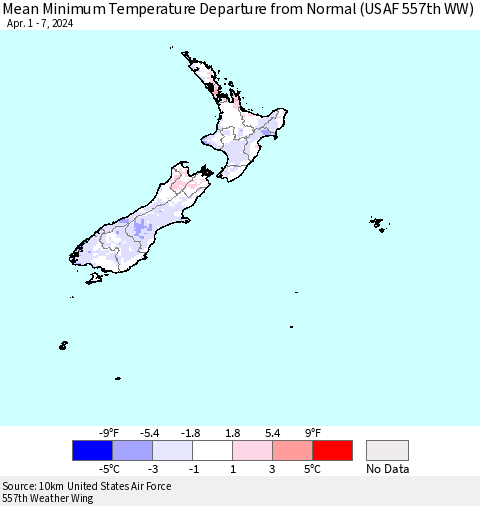 New Zealand Mean Minimum Temperature Departure from Normal (USAF 557th WW) Thematic Map For 4/1/2024 - 4/7/2024