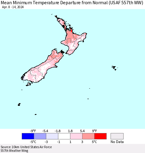 New Zealand Mean Minimum Temperature Departure from Normal (USAF 557th WW) Thematic Map For 4/8/2024 - 4/14/2024