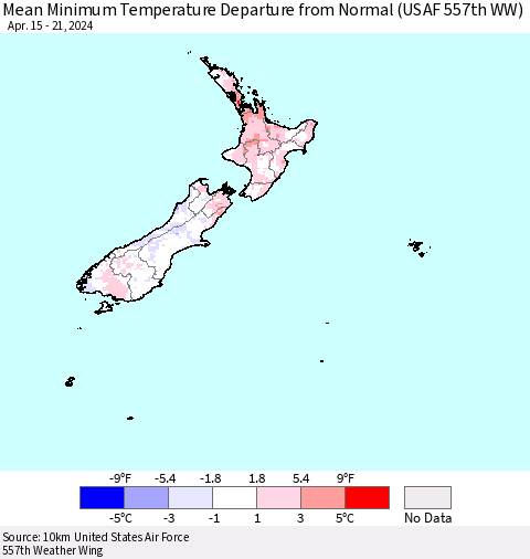 New Zealand Mean Minimum Temperature Departure from Normal (USAF 557th WW) Thematic Map For 4/15/2024 - 4/21/2024