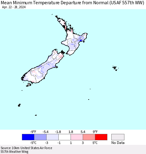 New Zealand Mean Minimum Temperature Departure from Normal (USAF 557th WW) Thematic Map For 4/22/2024 - 4/28/2024