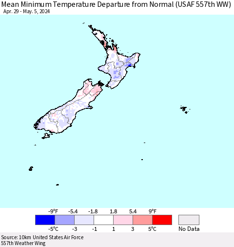 New Zealand Mean Minimum Temperature Departure from Normal (USAF 557th WW) Thematic Map For 4/29/2024 - 5/5/2024