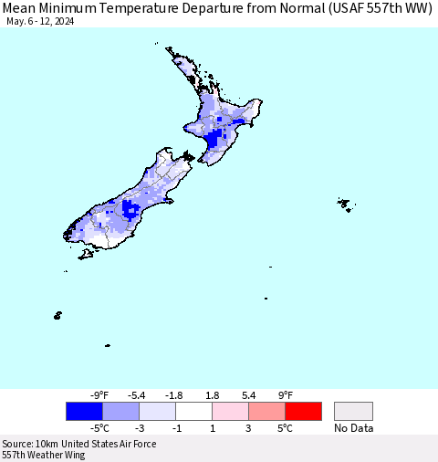 New Zealand Mean Minimum Temperature Departure from Normal (USAF 557th WW) Thematic Map For 5/6/2024 - 5/12/2024