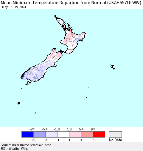 New Zealand Mean Minimum Temperature Departure from Normal (USAF 557th WW) Thematic Map For 5/13/2024 - 5/19/2024