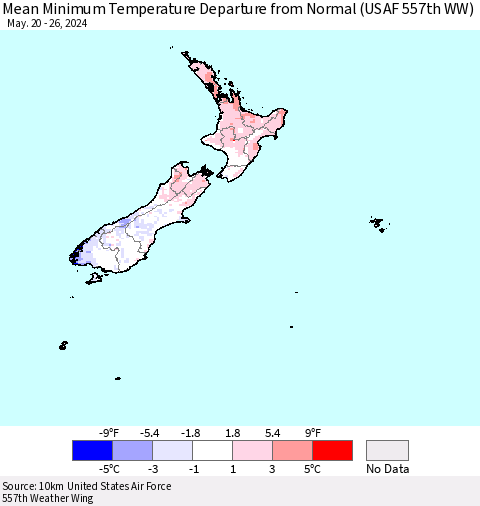 New Zealand Mean Minimum Temperature Departure from Normal (USAF 557th WW) Thematic Map For 5/20/2024 - 5/26/2024