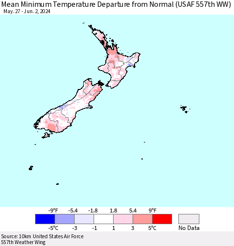 New Zealand Mean Minimum Temperature Departure from Normal (USAF 557th WW) Thematic Map For 5/27/2024 - 6/2/2024