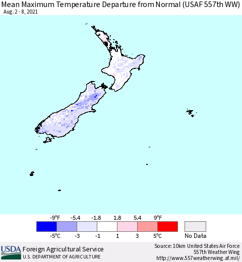 New Zealand Mean Maximum Temperature Departure from Normal (USAF 557th WW) Thematic Map For 8/2/2021 - 8/8/2021